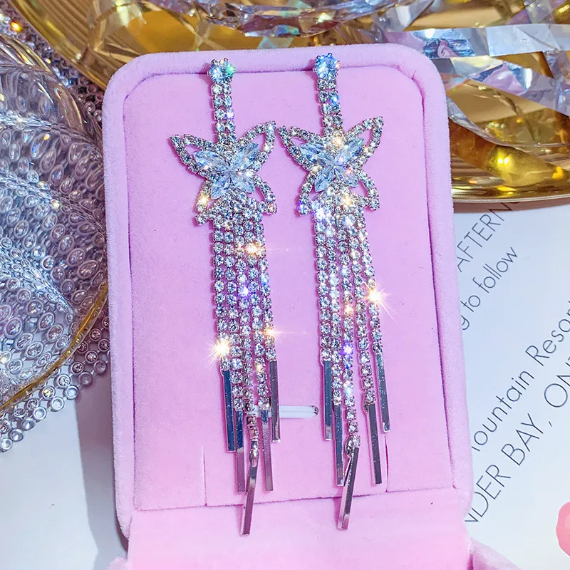 FYUAN Роскошные серьги-капли из циркония с бабочкой и кристаллами для женщин, длинные висячие серьги со стразами, вечерние ювелирные изделия, подарки