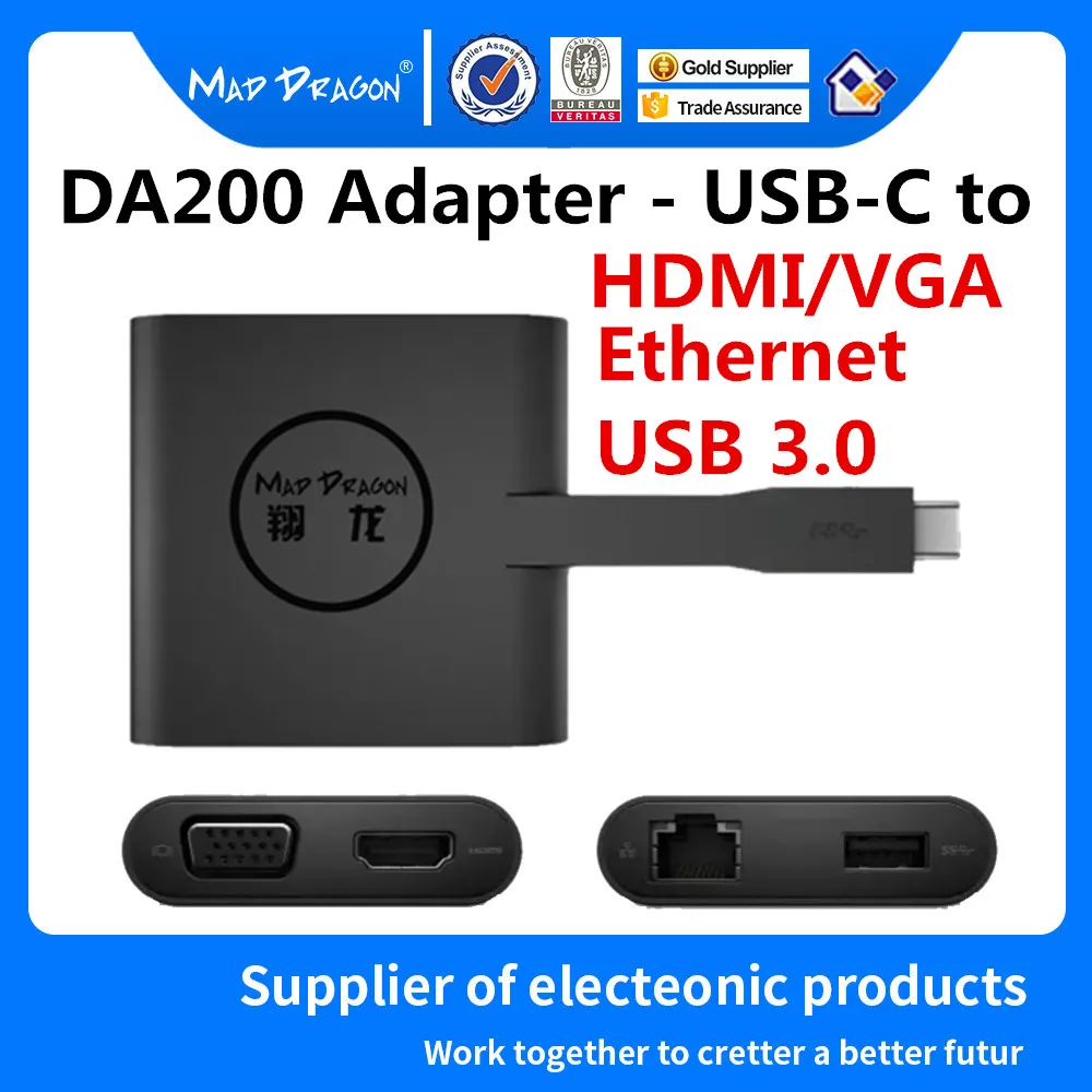 

MAD DRAGON Brand DA200 Adapter USB Type C to HDMI/VGA/Ethernet/USB 3.0 for Dell DA200 XPS13 9350 9360 9370 9365 XPS15 9550 9560