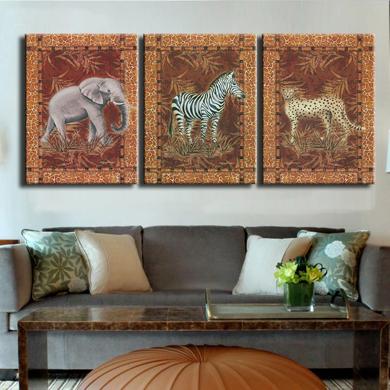 Горячая Распродажа 3 панели Слон Зебра леопард современная настенная краска