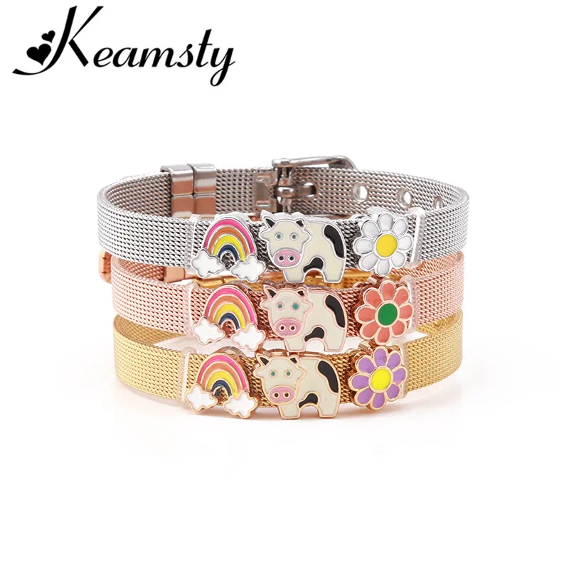 Keamsty 1PCS Charms Bracelets 8 mm Stainless Steel Mesh Keeper for Kids Women Slide Charm Bracelet Silver Rose Gold Plating | Украшения и