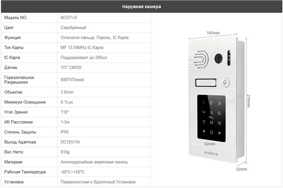 HOMSECUR " Проводной Видеодомофон Безопасности Интерком Электрический Замок+ Ключи в Комплекте BC071-S+ BM715-G