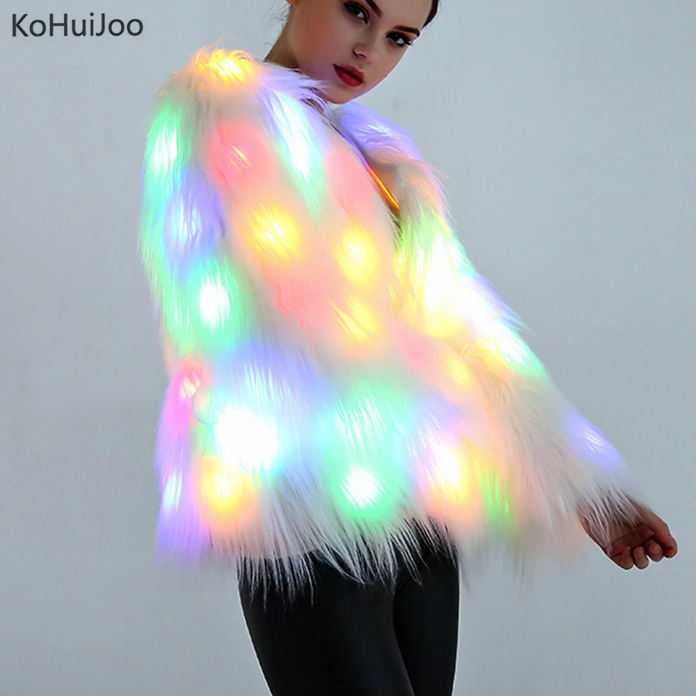 

KoHuiJoo 2019 Led Light Faux Fur Coat Women Winter Plus Size Loose Fur Jackets Female Long Sleeve Party Nightclub Clothing 4XL