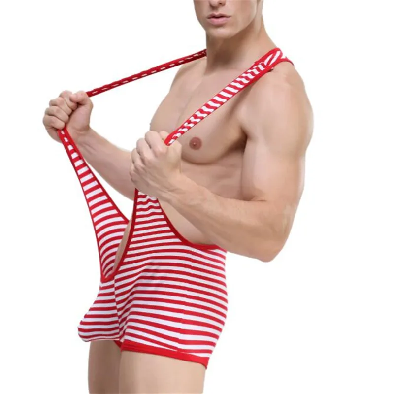

Men's Wrestling Singlet Bodysuit,New 95% Cotton+5% Spandex Strip Mankini Suspender,Colors(Red/Black),S/M/L/XL