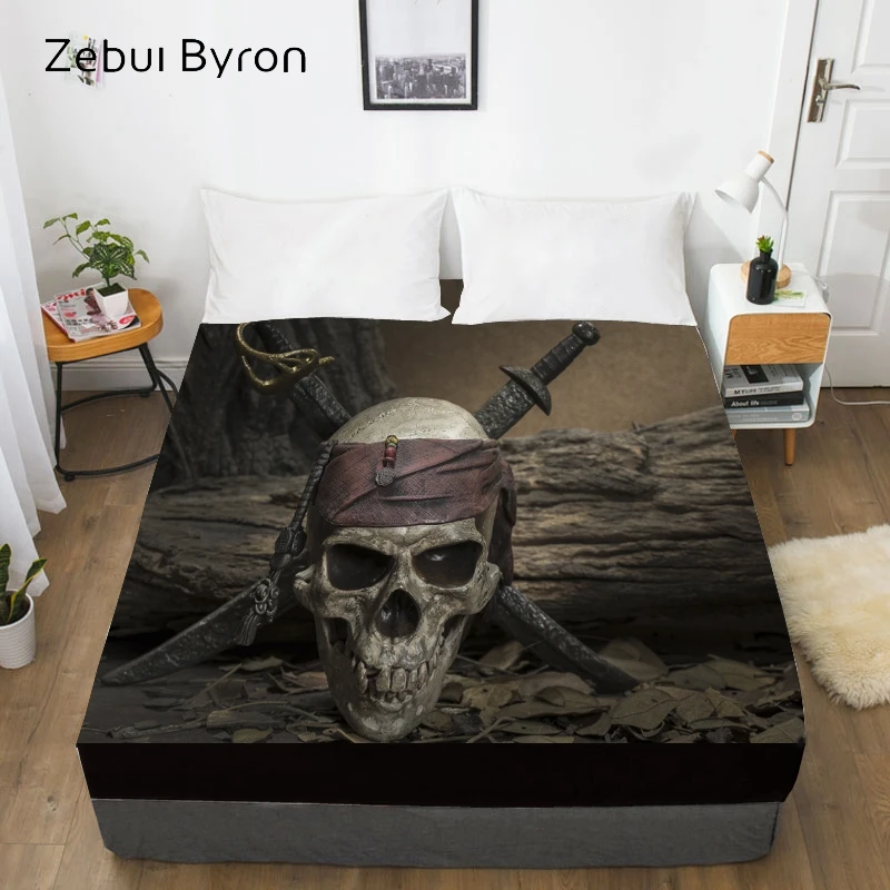 3D Custom Bed Sheets With Elastic,Fitted Sheet Queen/King,Black Skeleton Pirates Mattress Cover 135/150/160x200 bedsheet images - 6