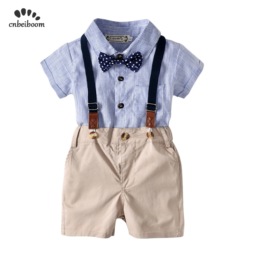2020 Boys Clothing Suit Set Baby Toddler Kids bow tie rompers + overalls short Infant birthday party Clothes gentleman Outfits |