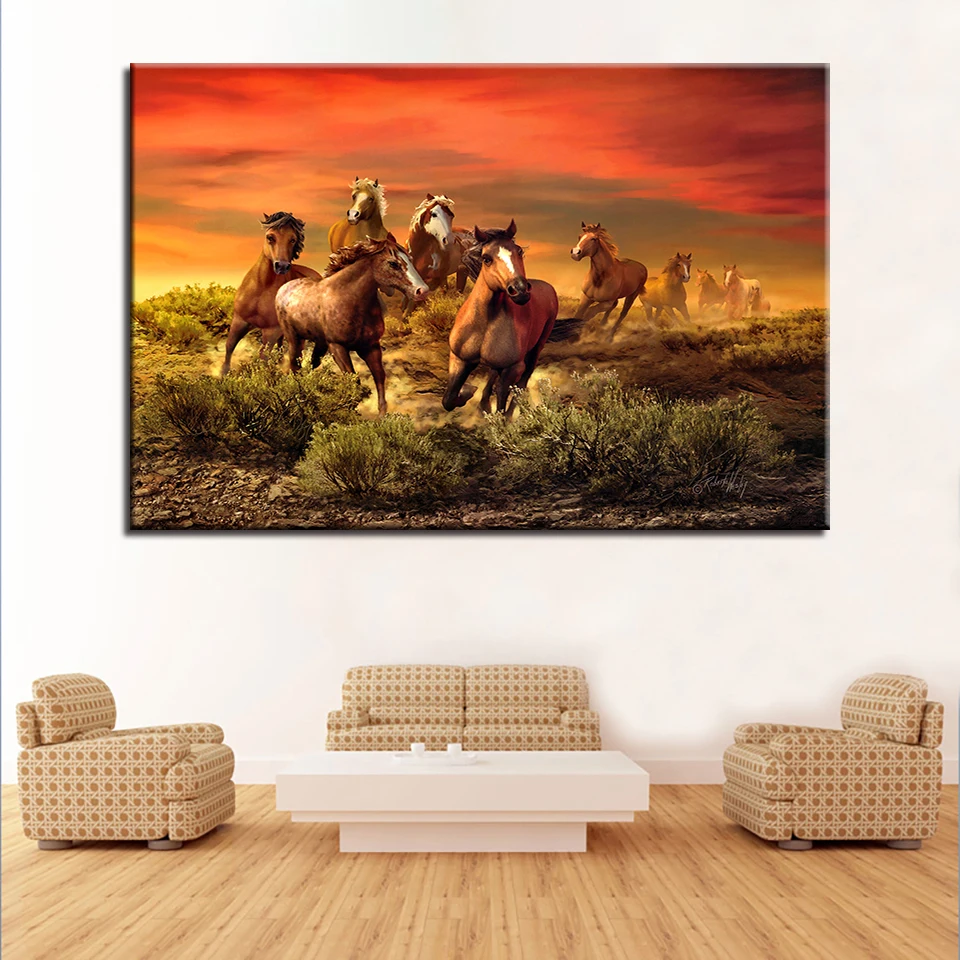 Холст картины Wall Art Home Decor HD печатает рамки 1 Piece/Pcs закат бег лошадей для гостиной