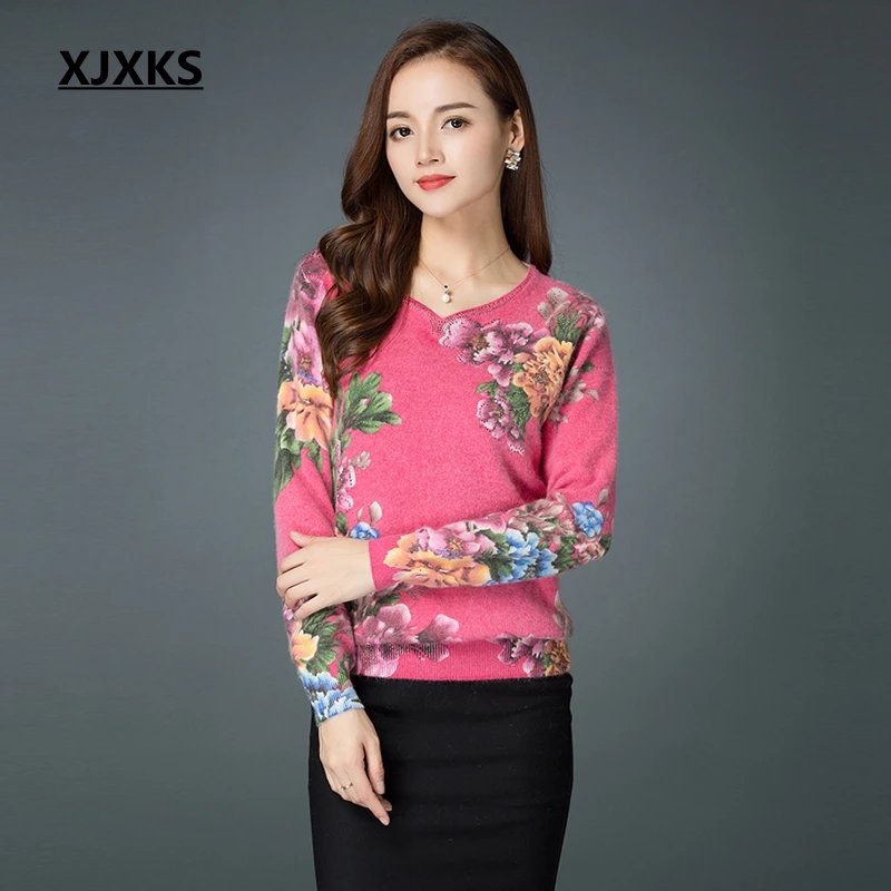 XJXKS Best Quality Cashmere Sweater Print Flower Women Pullover Sweaters Plus Size Winter Clothes Knitted Jumper | Женская одежда