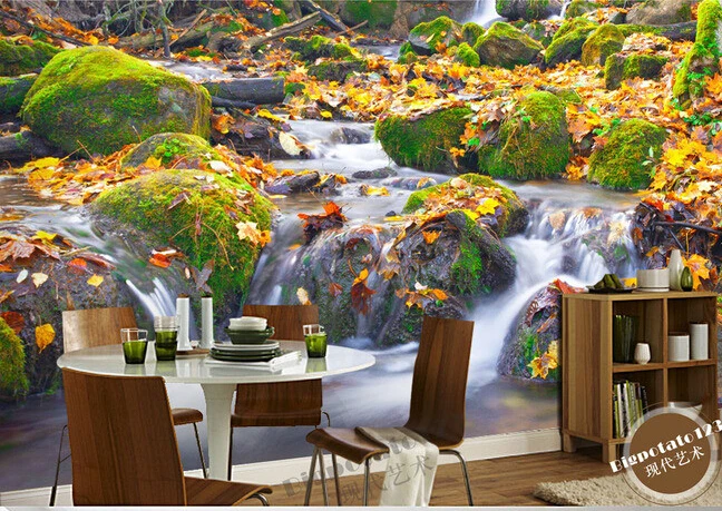 The latest 3D murals Moss stone deciduous streams and waterfalls landscape photography living room TV sofa bedroom wall paper |