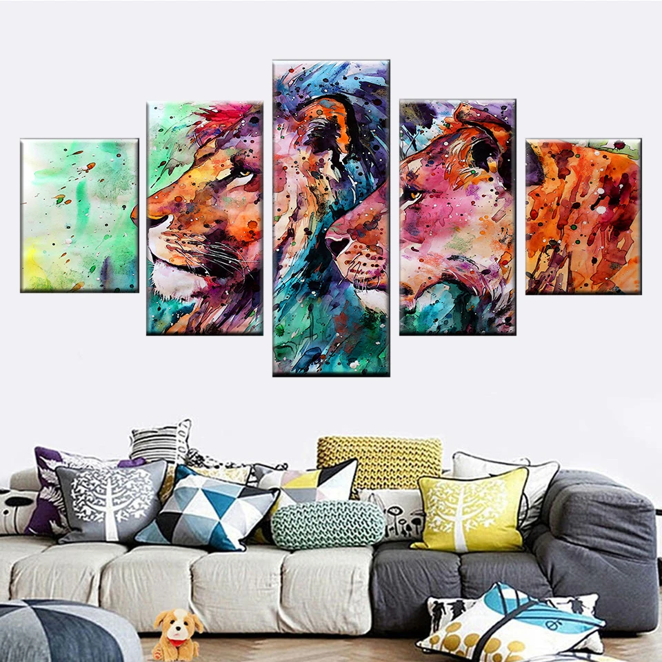 Nordic wall art рамка картина 5 панель Красочные льва холст с печатью постера