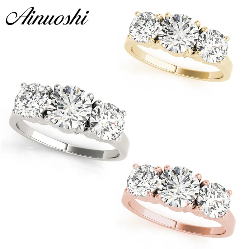 AINUOSHI 925 пробы серебро 1ct круглой огранки три кольца камней Свадебные Обручение Юбилей свадебные кольца для Для женщин вечерние подарки