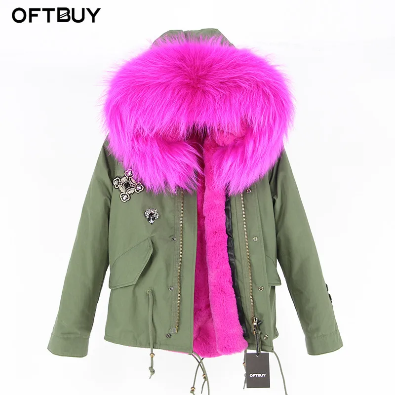 OFTBUY парка с вышивкой бриллиантами цвета хаки, зеленая зимняя куртка, пальто, женские парки, пальто с натуральным мехом енота, воротник теплый - Цвет: 1