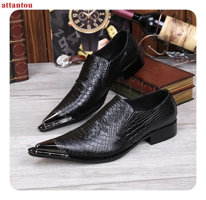 

Hot Sale Autumn Silver Pointed Toe Men Dress Shoes Black Leather Luxury Male Casual Shoes Slip-on Man Office Feast Formal Shoes