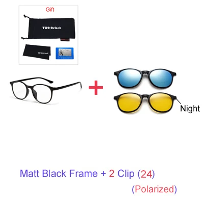 TWO Oclock Magnet Sunglass Women Men Polarized Lens Optical Spectacle Frame Clip On Glasses Men Round TR90 3D Night Vision A2245 - Цвет линз: 1 Frame 2 Clip 24