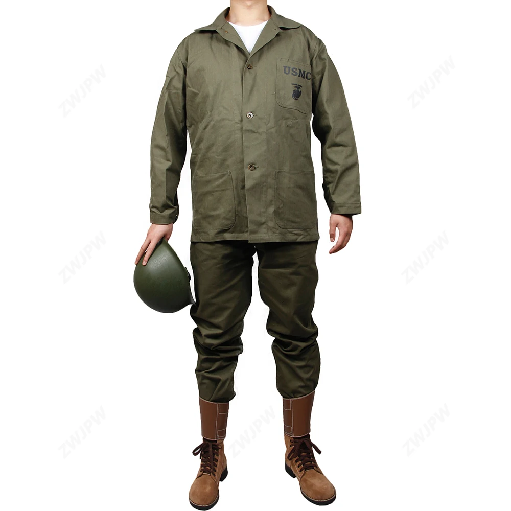 Пальто и брюки WWII США USMC HBT армейский зеленый UNIFORME с индивидуальным воротником