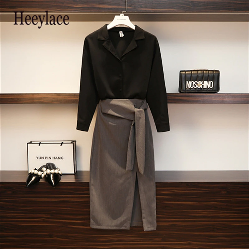 Офисные женские летние костюмы с юбкой размера плюс Формальные черные шифоновые