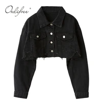 ordifree 2021 autumn women denim jacket fashion streetwear casual loose outwear black short ripped jeans jacket coat cotton