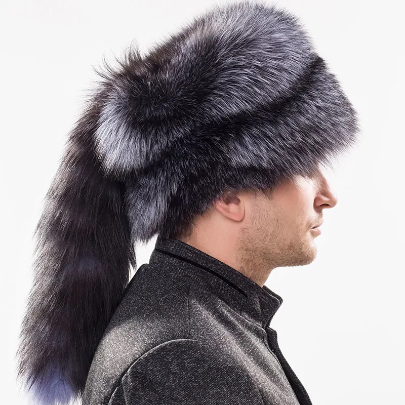 YECHNE Russian real natural silver fox fur cap man with lady fox tail male winter soft hat