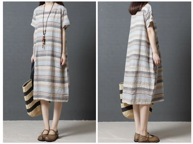 Летние новые свободные тонкие платья в полоску винтажные женские платья с коротким рукавом и карманом, плюс размер, хлопковое и льняное платье