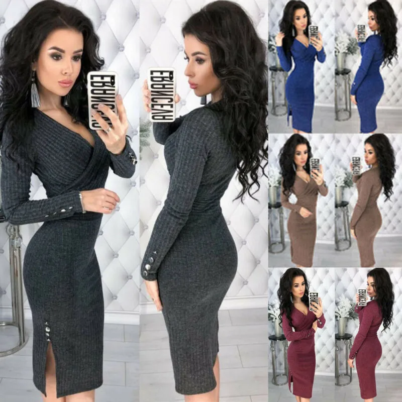 Модный женский Зимний вязаный свитер Bodycon Глубокий v-образный вырез Вечернее