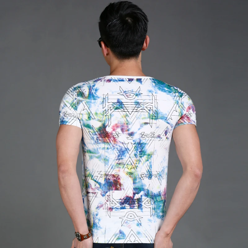 Лето 2017 г. мужские повседневные футболки с круглым вырезом Белый Геометрический