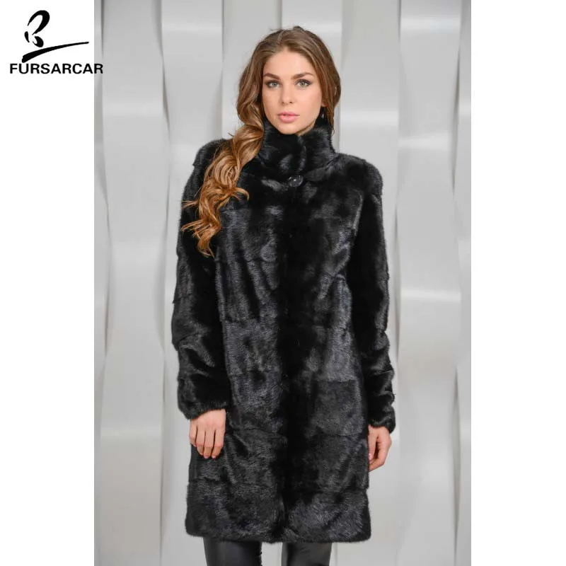 FURSARCAR/Новинка пальто из натурального меха норки с меховым воротником модная