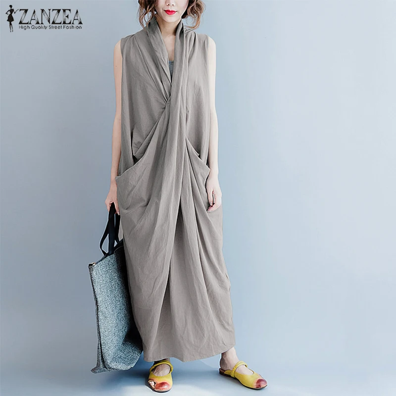 

2021 ZANZEA Women Maxi Dress Casual Sleeveless Deep V Neck Asymmetric Hem Long Vestido Oversized Summer Beach Sundress