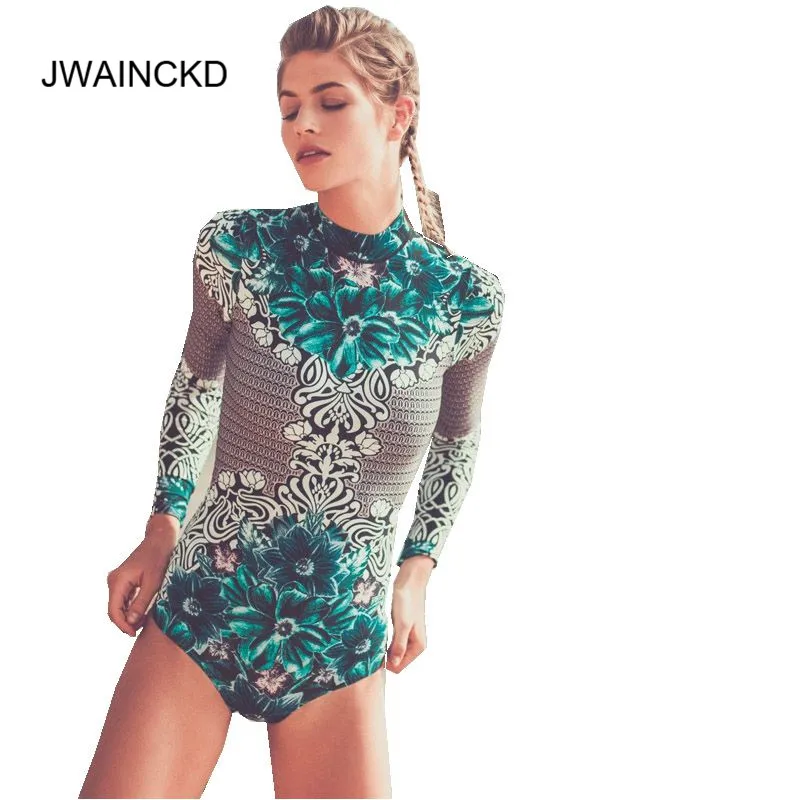 

2019 Bodysuit Sexy High Cut One Piece Swimsuit Female Long Sleeve Swimwear Women Bathing suit Print Monokini Beach Wear Bikinis