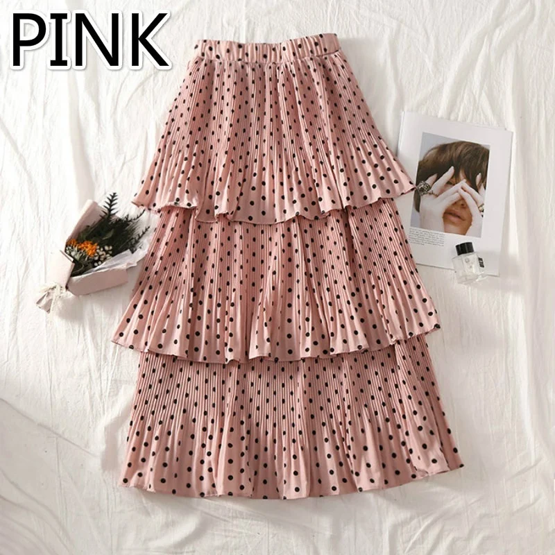 

Women Chiffon Skirt New Long Pleated Cake Skirt Tiered Frilly Ruffle Polka Dots Spotted Pleated A-line Summer High Waist 916-826