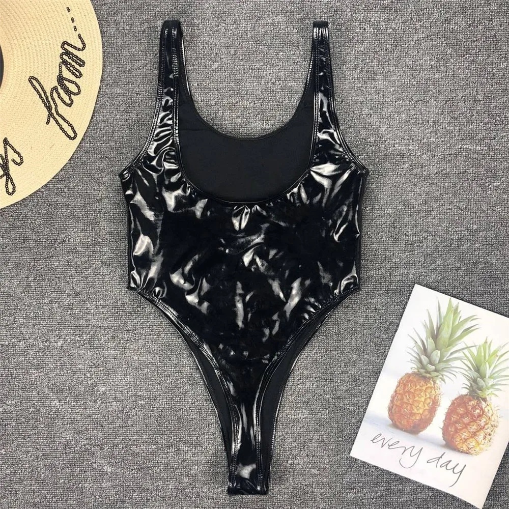 Женский купальник из искусственной кожи Одноцветный черный с открытой спиной