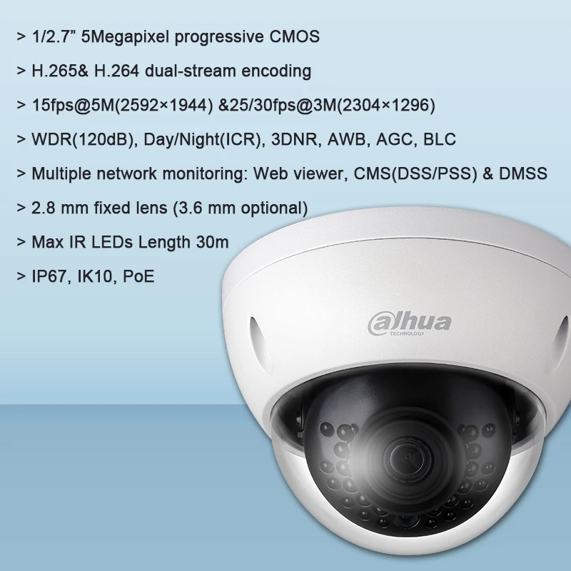 Оригинал Dahua IPC HDBW1531E 5MP WDR IR мини купольная сетевая камера с максимальными ИК
