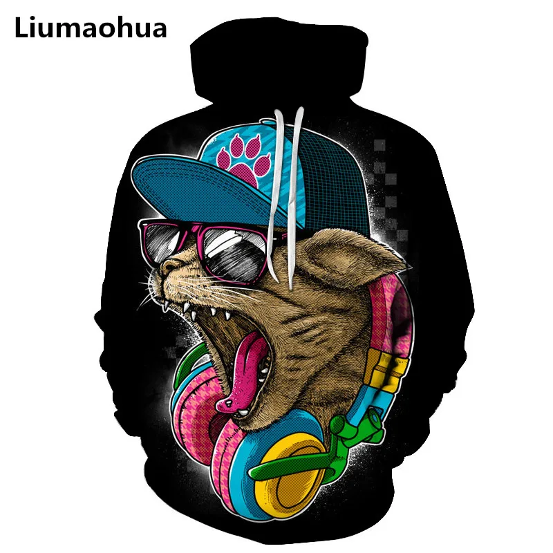 Liumaohua рок Кот 3D Для мужчин/толстовка с шляпа женщин Модные принты осенне зимняя