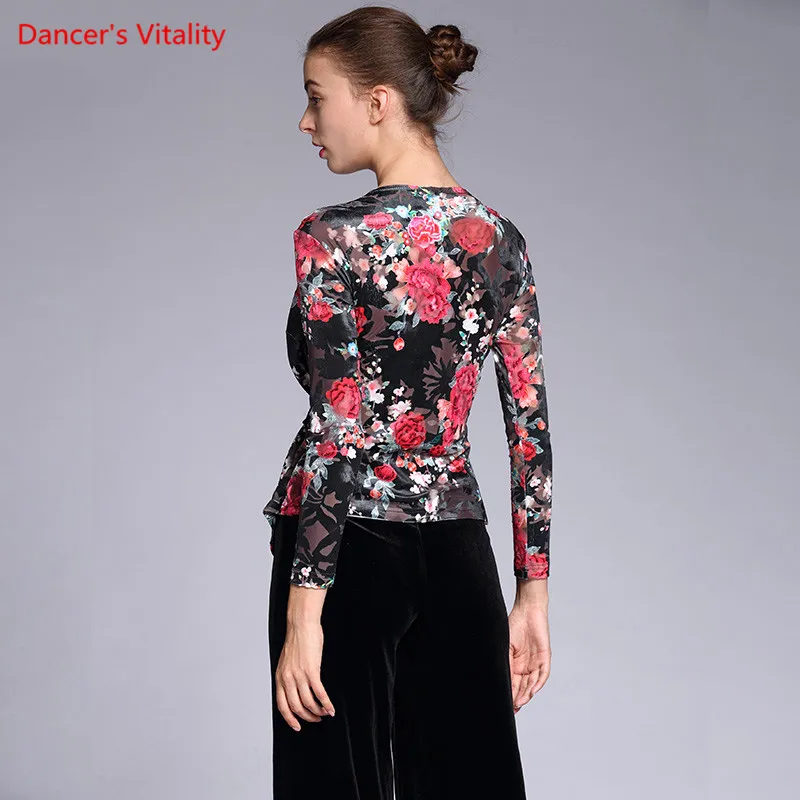 New Women Ballroom Dance Tops Adult Female Long Sleeved Printing Lady's Latin Waltz square Practice Costumes | Тематическая