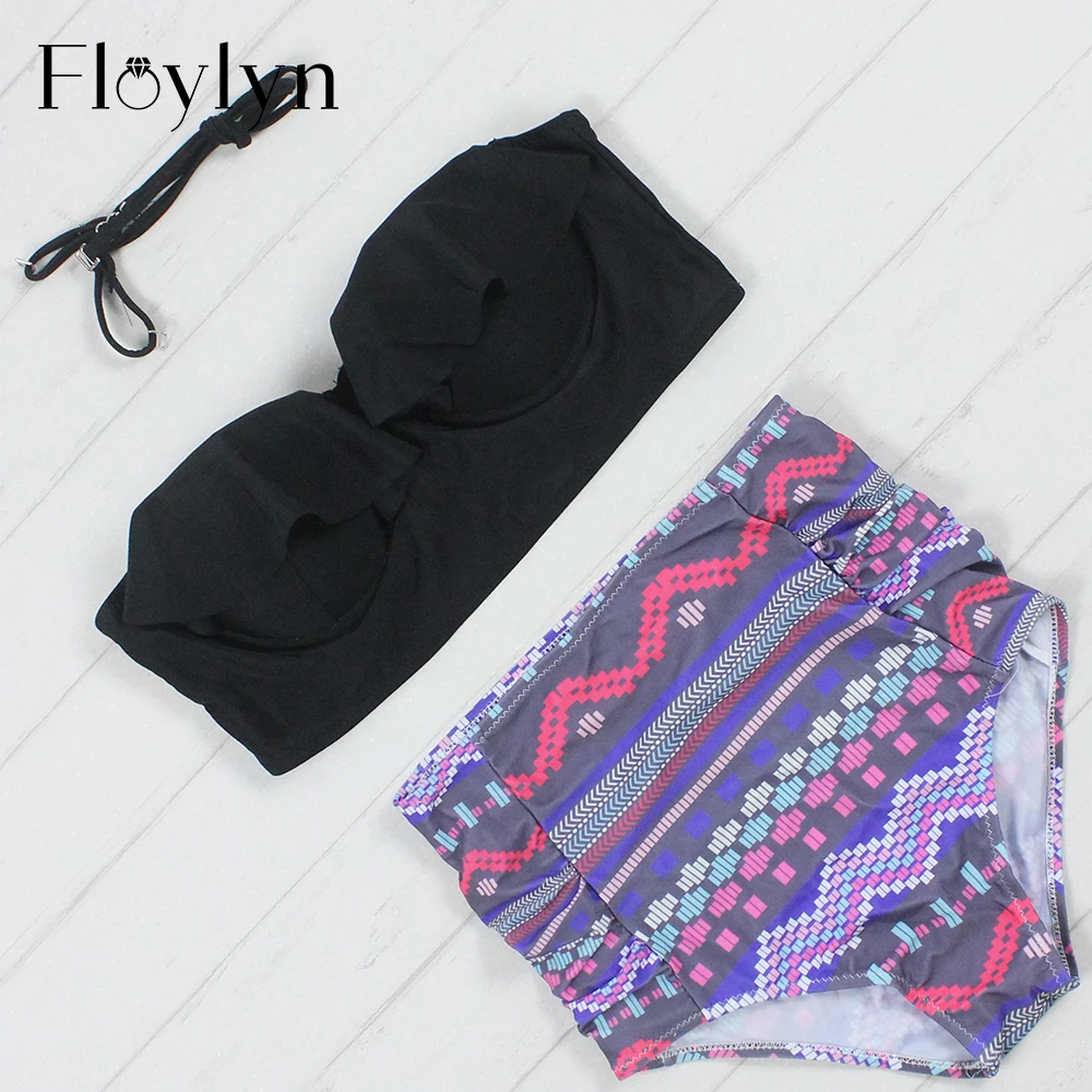 Floylyn Новинка бикини женский купальник Высокая талия купальный костюм Плюс Размер Купальники пуш-ап бикини Набор Винтаж Ретро пляжная одежда 4XL