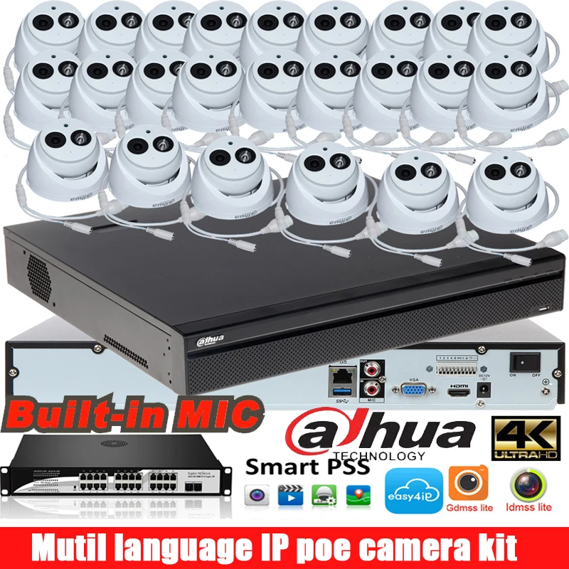 Оригинальный многоязычный видеорегистратор dahua 4K H.265 NVR с 24ch POE 4 мп аудио