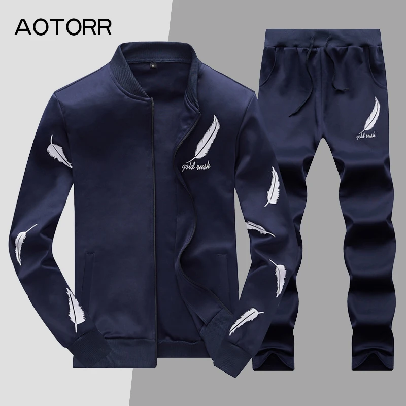 Autumn Casual Mens Tracksuit Set Zipper Spring Sets Fleece 3D Print Pleated Workout Hoodies Sweatshirt+Pants Suit Slim Fit