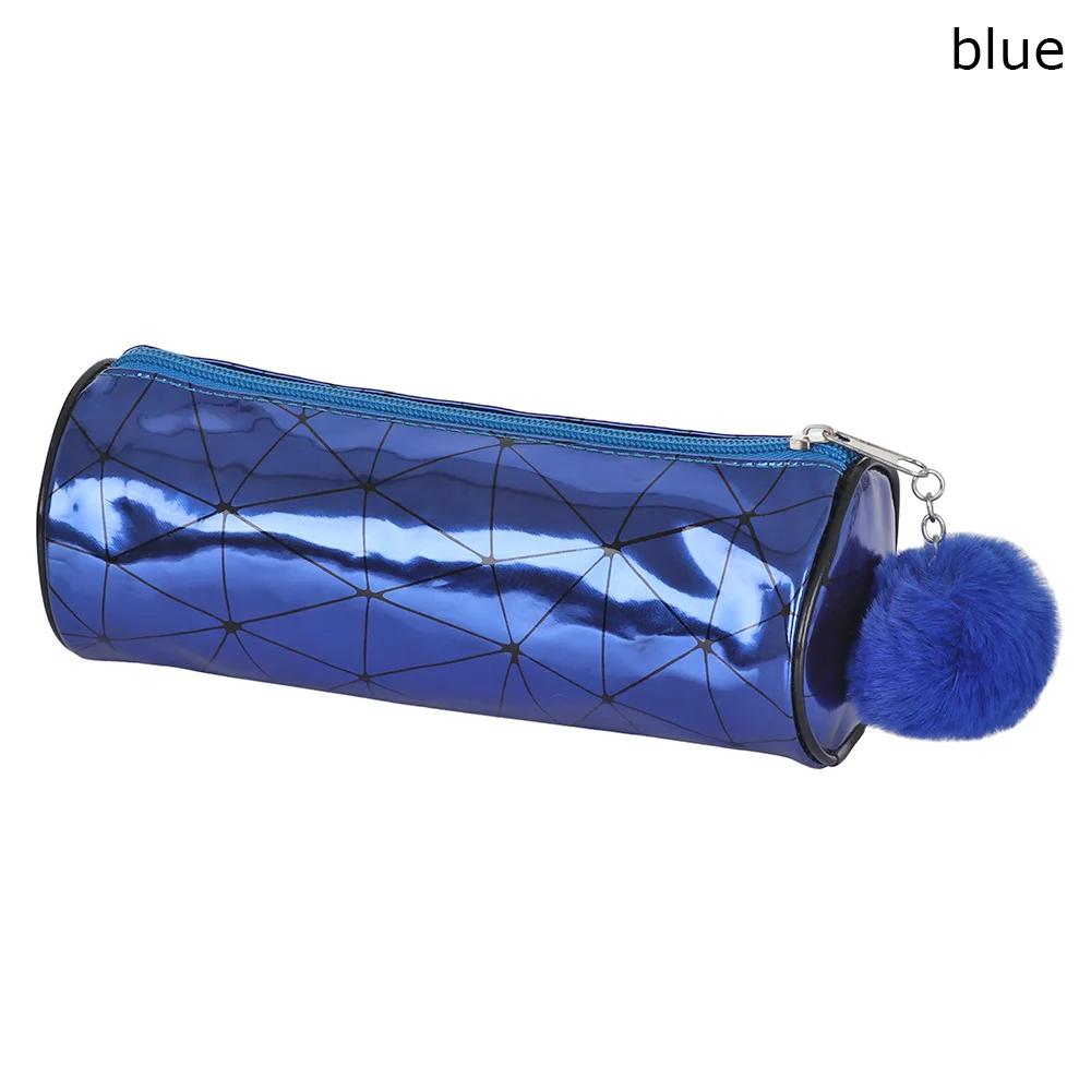 type1 blue 2 стиля модный цилиндрический Голографический лазерный блестящий чехол-карандаш с плюшевым шариком, сумка для макияжа, школьные офисные принадлежности - Цвет: type1 blue