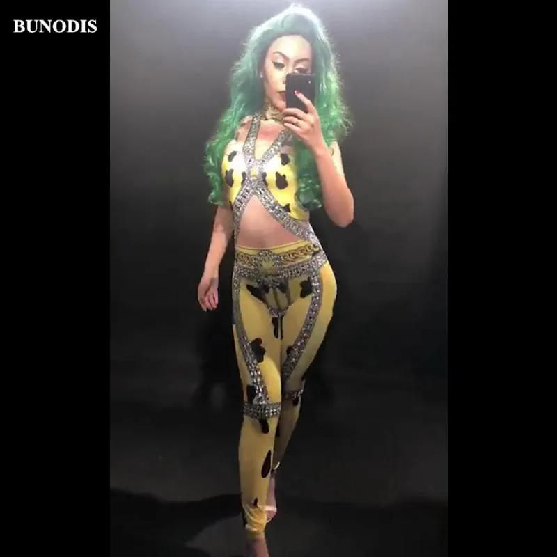 ZD221 Women Sexy Yellow Jumpsuit 3D Printed Sparkling Crystals Bodysuit Nightclub Party Stage Wear Performance Costumes