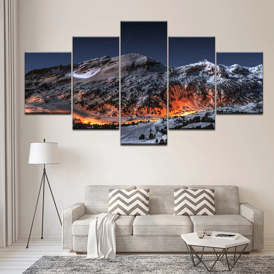 

Canvas Painting Ice mountains landscapes snow night fire 5 Pieces Wall Art Painting Modular Wallpapers Poster Print Home Decor