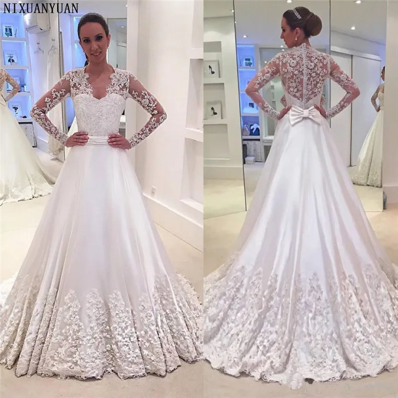 

Long Sleeve Vintage Lace Wedding Dresses 2021 V Neck with Bow A Line Elegant Winter Vestido De Novia Charming Bridal Gowns