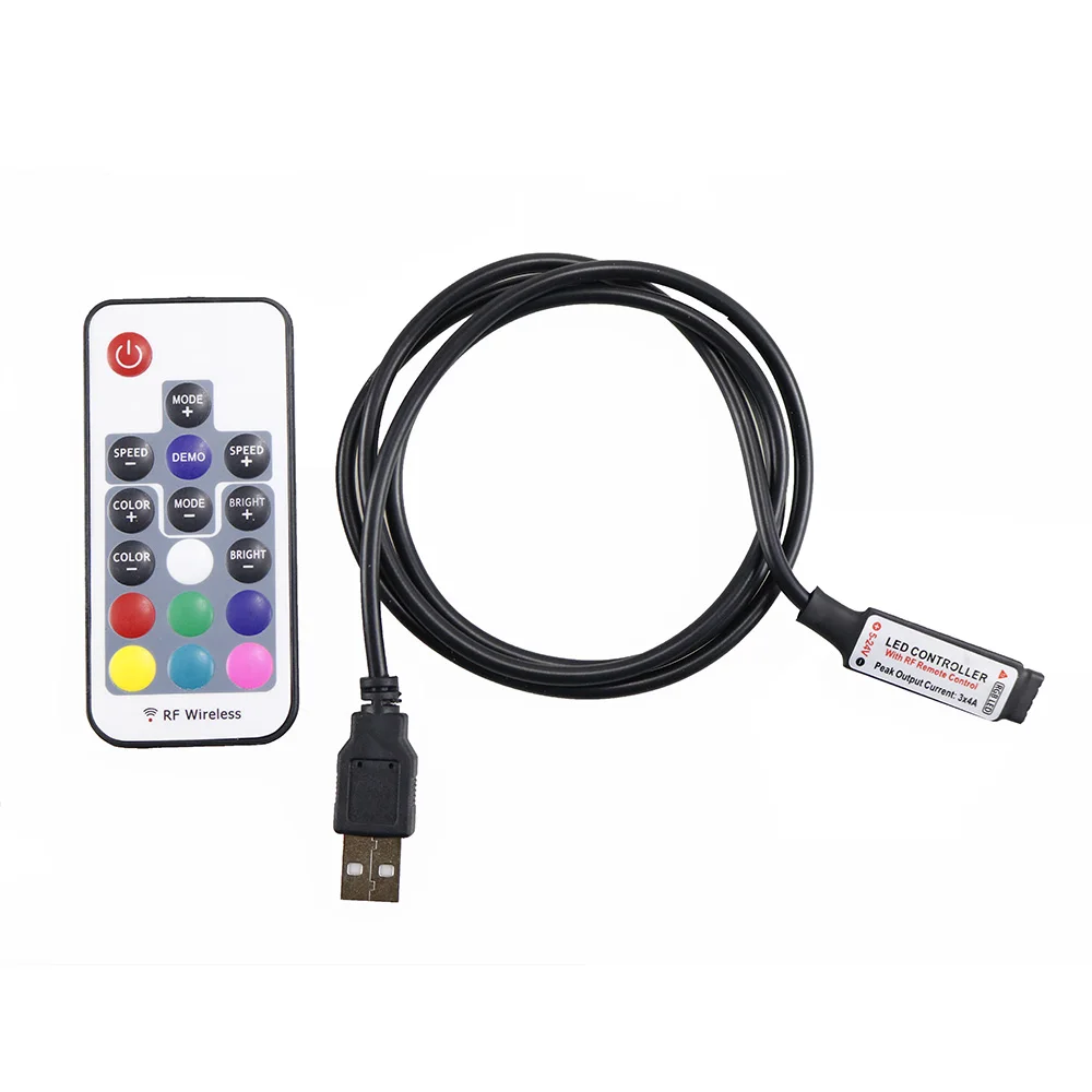 

DC5V USB RGB LED Controller 17key 12A RF Wireless Mini Remote Controller for RGB 3528 5050 smd Led Strip tape lighting 5-24V
