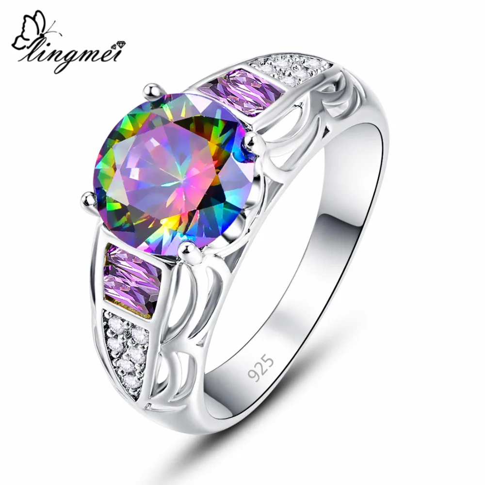 

Lingmei Dropshipping Chic Cocktail Round Cut Multi & Purple & White & Blue Zircon Silver Color Ring Size 6 7 8 9 Jewelry