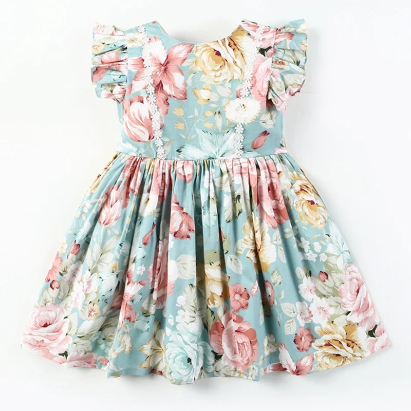 Girl Lace Flower Wedding Party Dress Summer Kids Princess Printed Baby Flutter Sleeveless Cotton baby clothes | Детская одежда и