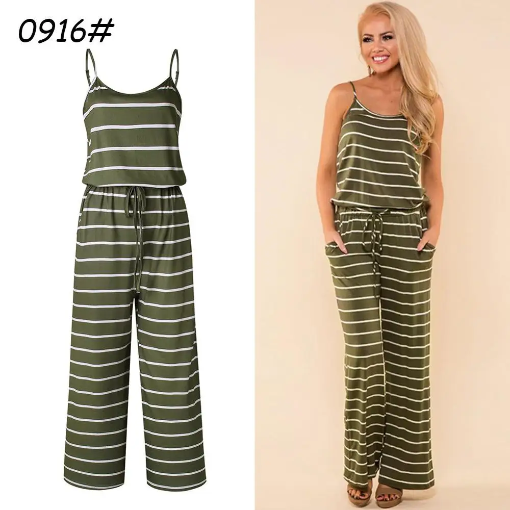 0916 Green Stripes Sparsil Женская мода брючный костюм с бретельками Ретро Цветочный Принт Свободные цельные брюки летние пляжные сексуальная одежда комбинезон - Цвет: 0916 Green Stripes