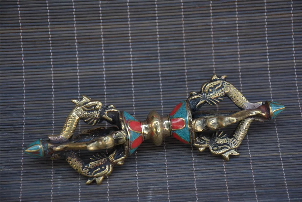 

Antique old Chinese Tibet copper Buddhism drives the Devil Instrument,Inlaid turquoise & gems, dragon & phoenix, Free Shipping