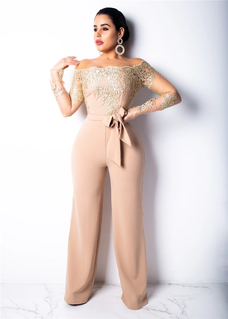 

Elegant Lace Sheer Mesh Patchwork Loose Jumpsuit Women Sexy Slash Neck Off Shoulder Wide Leg Pants Party Female Body Overalls