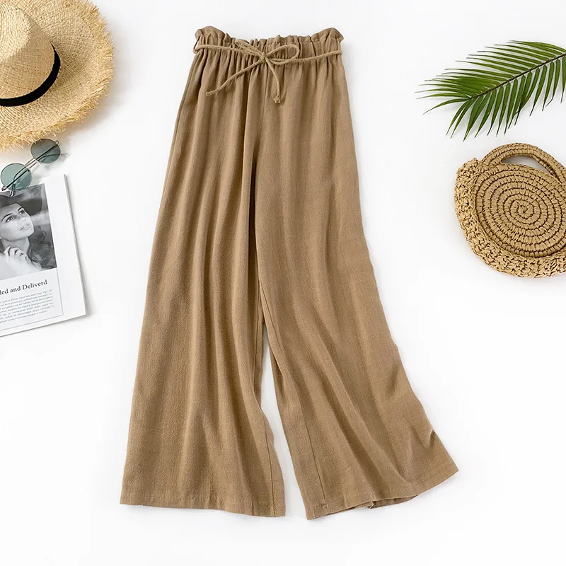 

2020 Summer Wide Legs Pants Women Cotton Linen High Waist Trousers Female Casual Loose Ladies Office Drawstring Wide Leg Pants