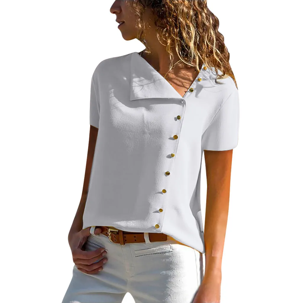 WH SAGACE,, Женские топы и блузки, 5xl, Женская Повседневная блуза, рубашка с отворотом, женская блуза с коротким рукавом, блуза с пряжкой, топы размера плюс - Цвет: WH
