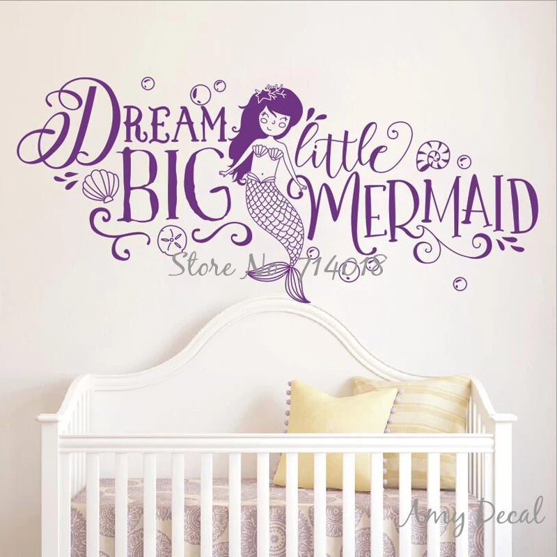 Dream Big Little Mermaid Wall Sticker Girls Nursery Decor Cute Quote Stickers Kids Room Decoration Vinyl Mural A868 | Дом и сад