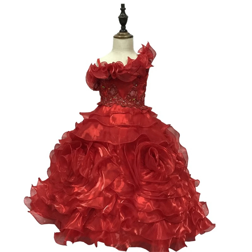 Вечерние платья на одно плечо для девочек, дизайн, Детские вечерние платья, красные детские платья с оборками из органзы