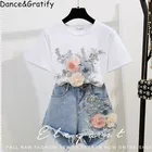 Женский комплект из 2 предметов, хлопковая Футболка и короткие джинсы, дизайнерские брюки из денима с объемными цветами и бусинами, лето 2020